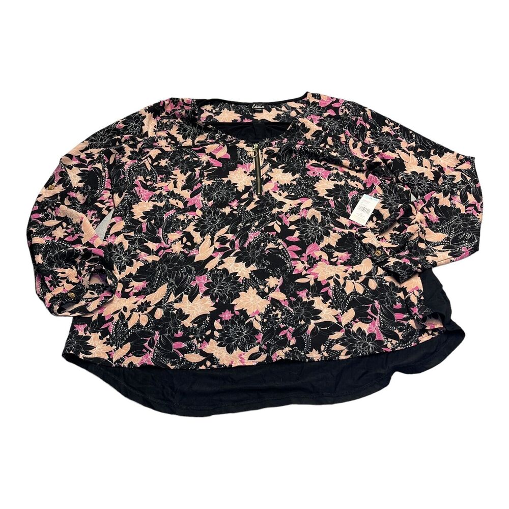 Simply Emma Mix Media Top Women's 2X Black Floral Zipper Long Sleeve Pullover - Picture 1 of 7